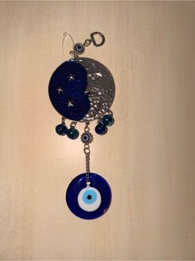 Moon & Evil Eye Hanging Charm - Blue Silver NWOT
